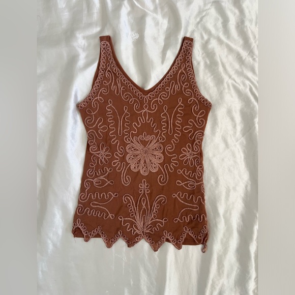 Vintage 2000s Rust Silk Embroidered Tank Top - Picture 2 of 7